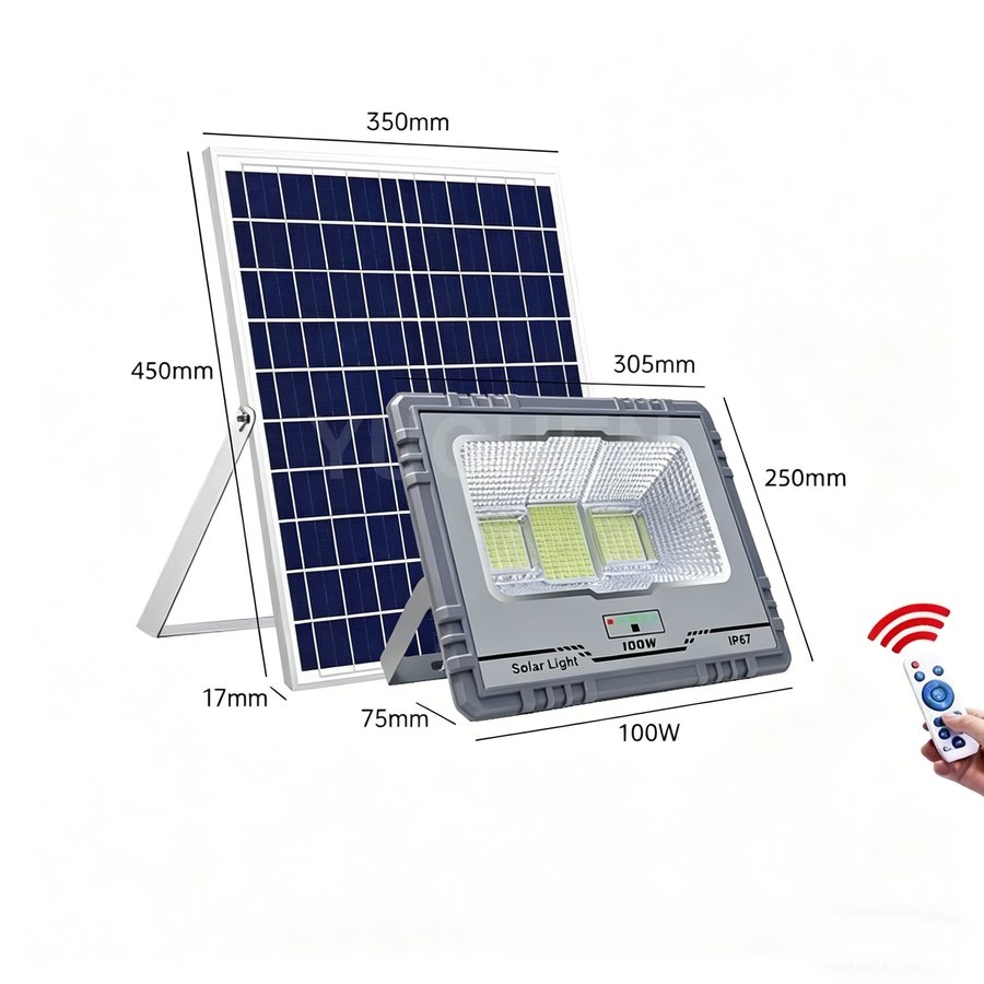 100W die-cast aluminum solar flood light with solar panel, dimension drawing