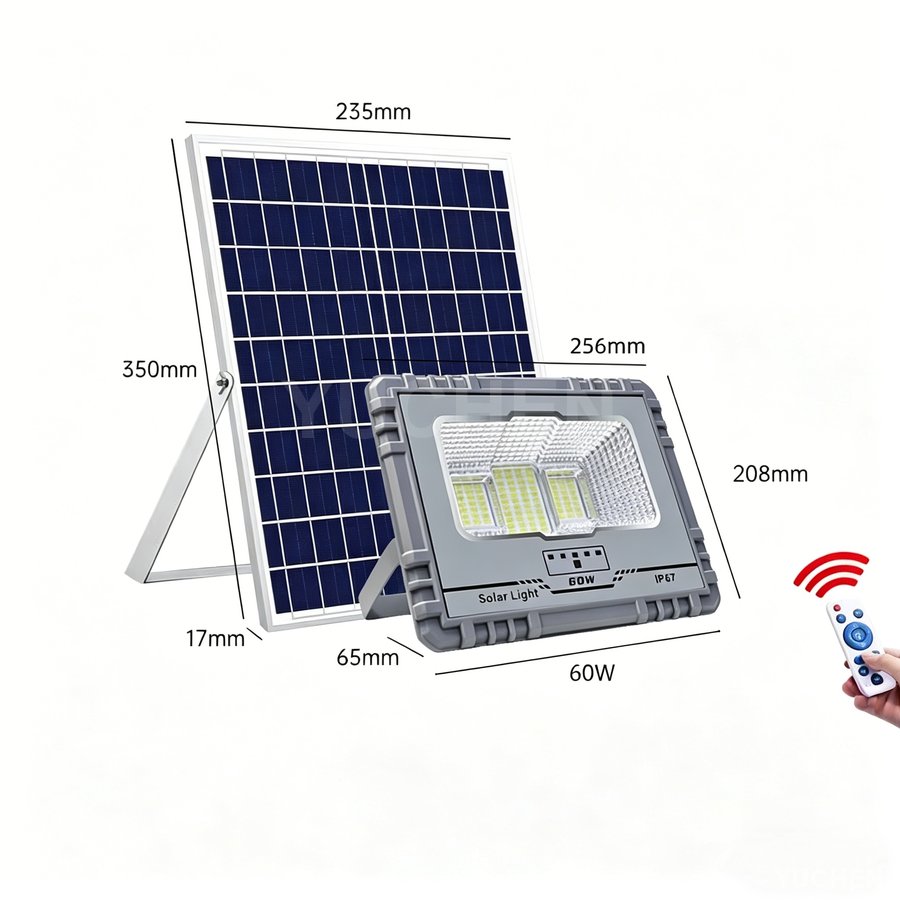 60W die-cast aluminum solar flood light with solar panel, dimension drawing