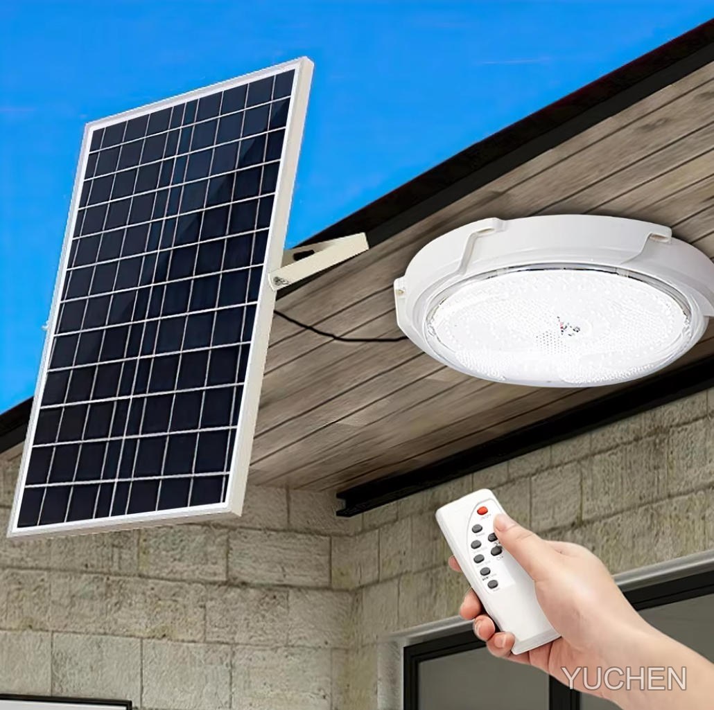 Solar ceiling light with solar panel and remote control in hand