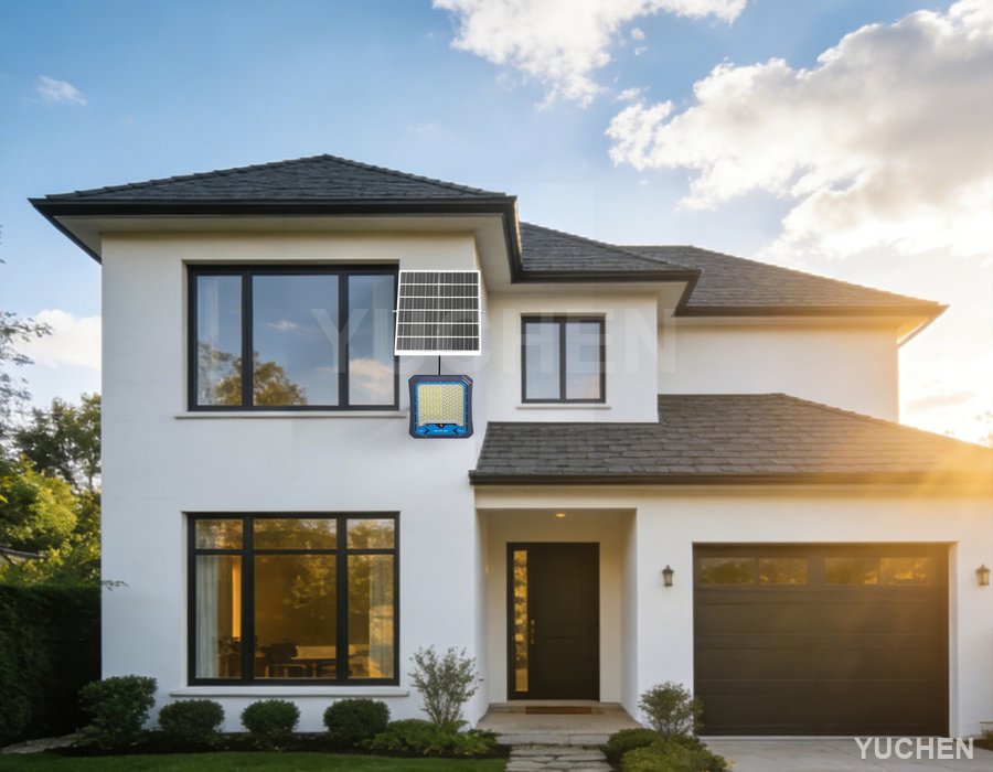 M1 floodlight wall-mounted on a residential house, daytime